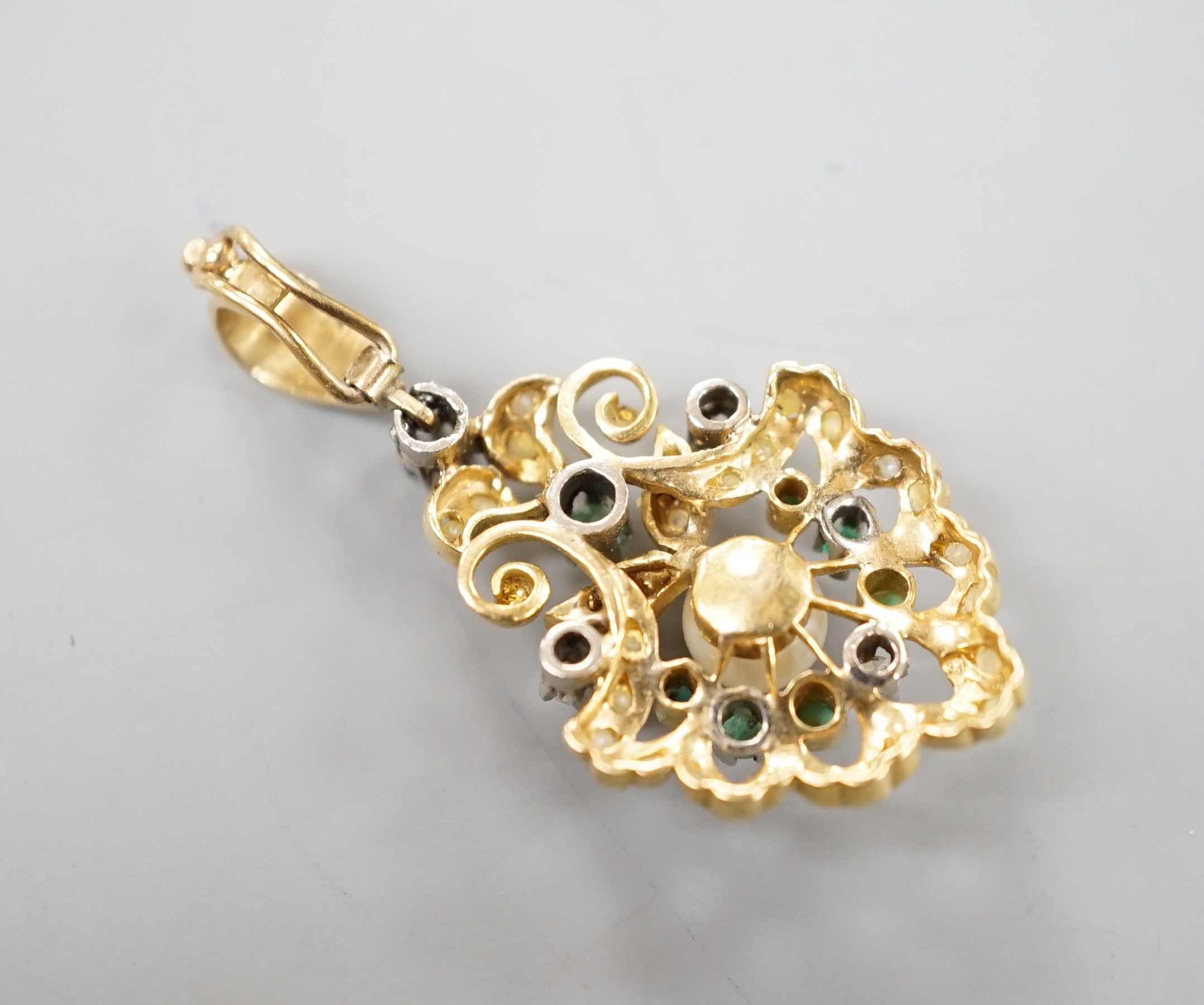 A continental, yellow metal, diamond, emerald, turquoise and cultured pearl set pendant, overall 35mm, gross weight 4.1 grams.